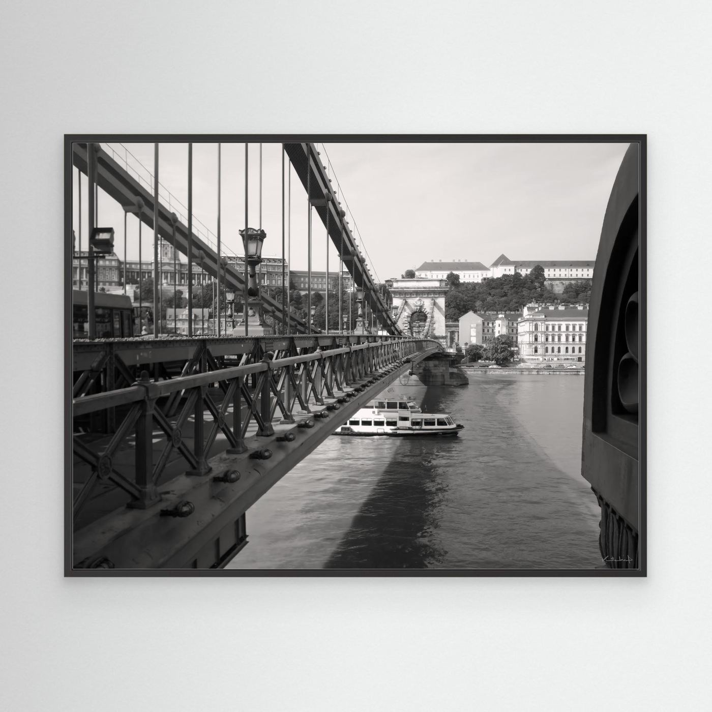 Széchenyi Chain Bridge. B&W black and white, giclee canvas with black frame. David Kitching KitchingArt