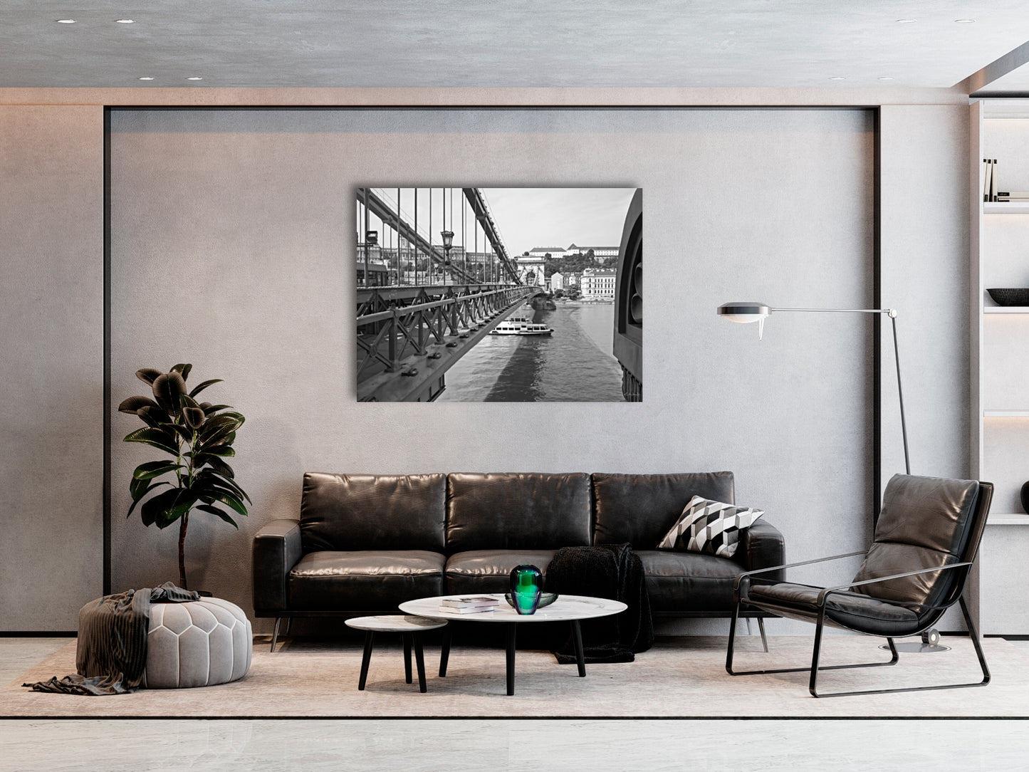 The Széchenyi Chain Bridge, Budapest. B&W, black and white, giclee frameless canvas print in situ on a grey wall with a black sofa.
David Kitching KitchingArt