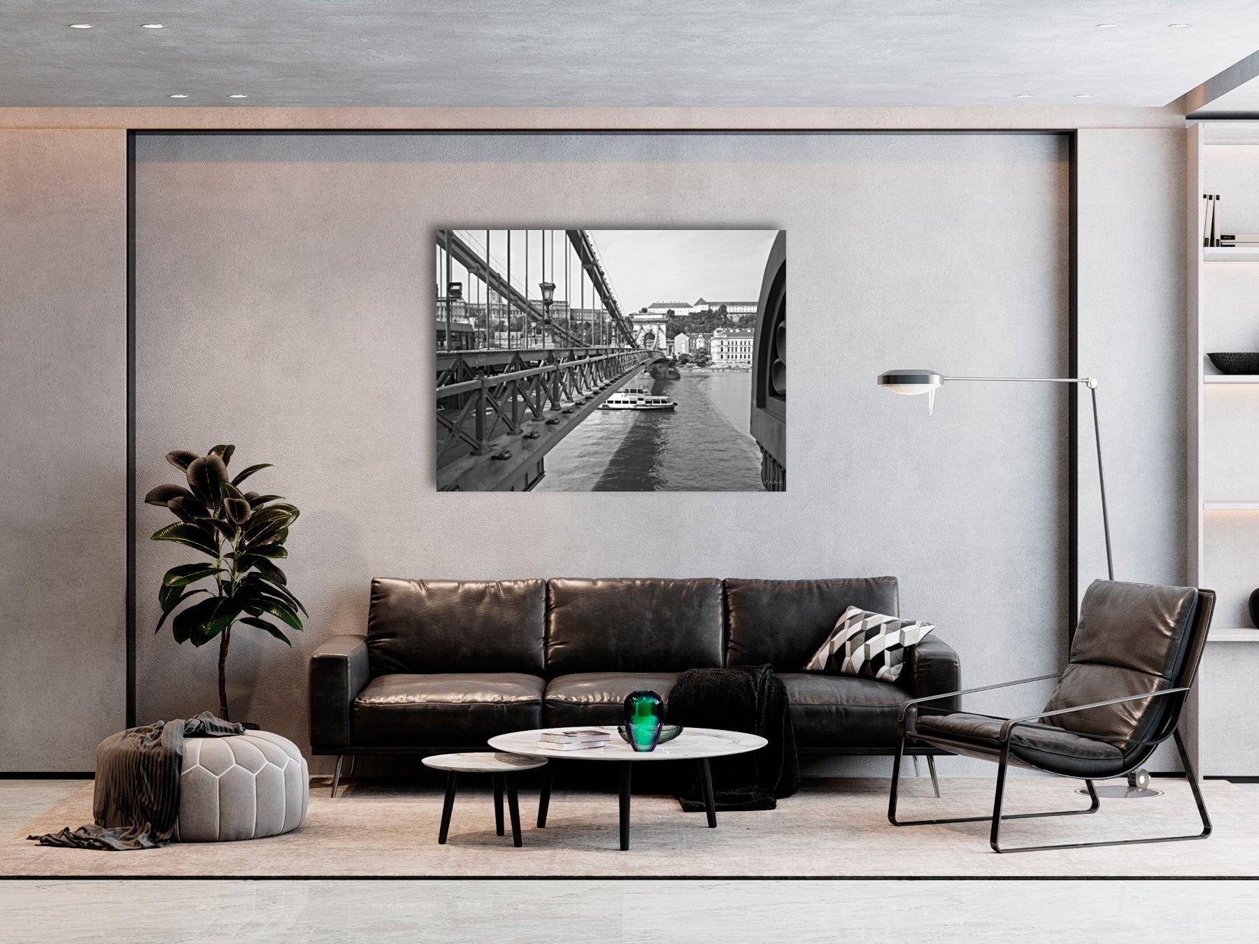 The Széchenyi Chain Bridge, Budapest. B&W, black and white, giclee frameless canvas print in situ on a grey wall with a black sofa.
David Kitching KitchingArt