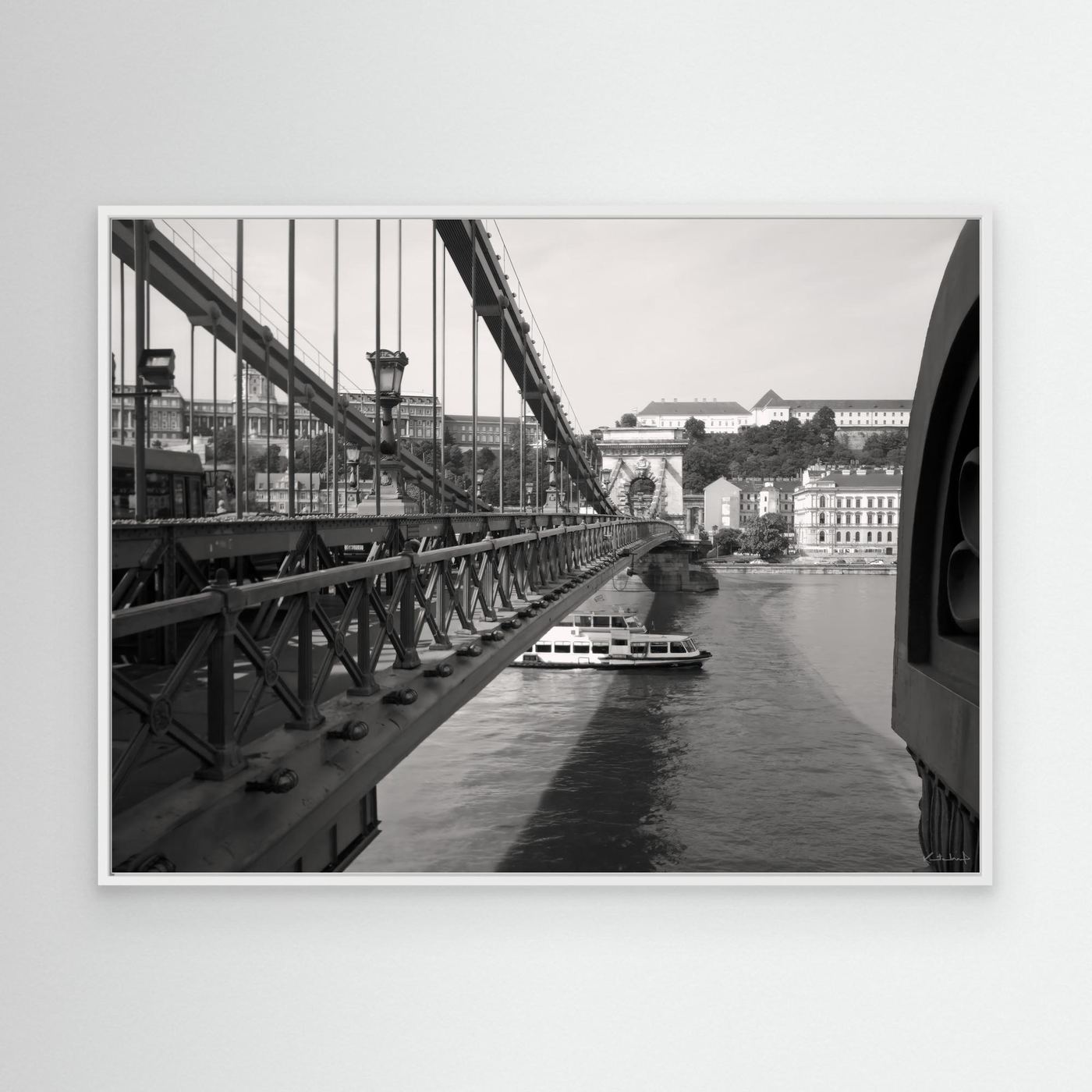 Széchenyi Chain Bridge. B&W black and white, giclee canvas with white frame. David Kitching KitchingArt