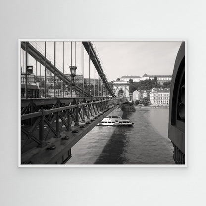 Széchenyi Chain Bridge. B&W black and white, giclee canvas with white frame. David Kitching KitchingArt