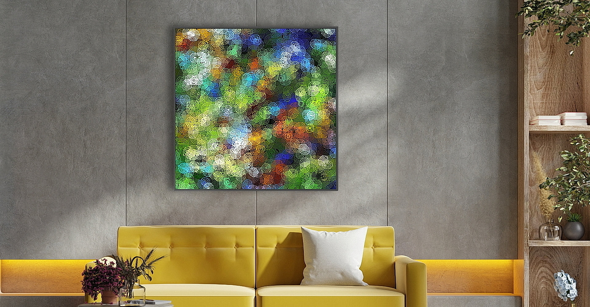 Multicolored adstract, giclee printed canvas. In situ on a grey wall with a yellow sofa. David Kitching. KitchingArt.