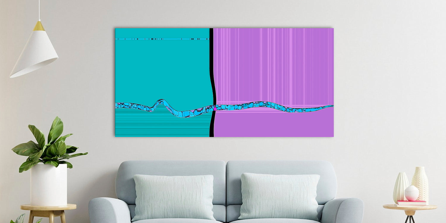 Abstract art piece with teal and purple on a wall above a gray sofa.